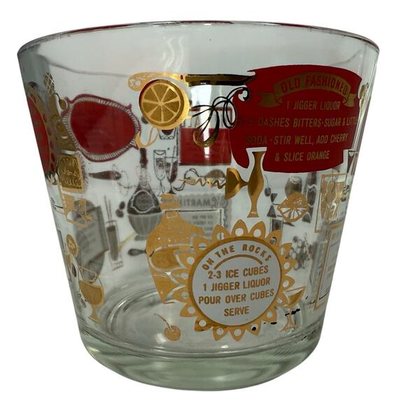 Vintage Jeannette Cocktail Ice Bucket 6” Barware Red & Gold Mid-Century Style - Picture 3 of 10